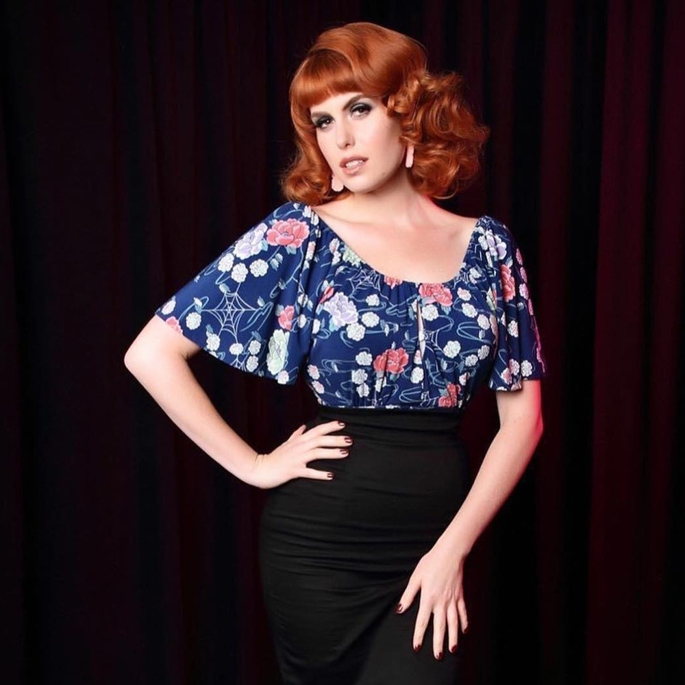 EUC Floral Spiderweb Butterfly Flutter Sleeve Top Pinup Girl Clothing Size M